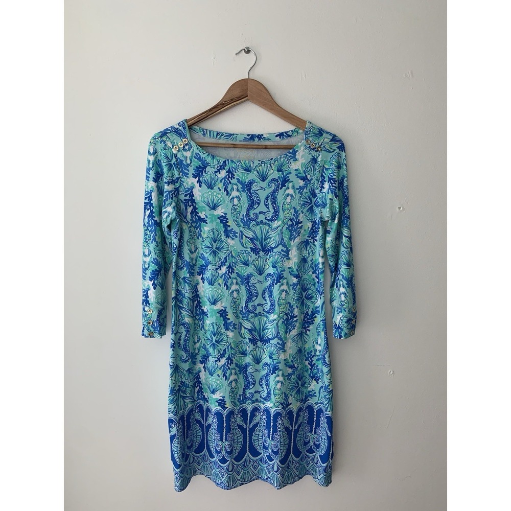Lilly Pulitzer Sophie Dress S Blue Green Seahorse Mermaid Print Gold Buttons